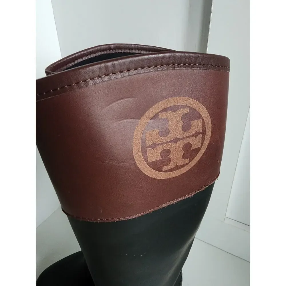 Tory Burch Diana Tall Rubber Rain Boots Womens Size‎ 6 Logo Black Brown Logo